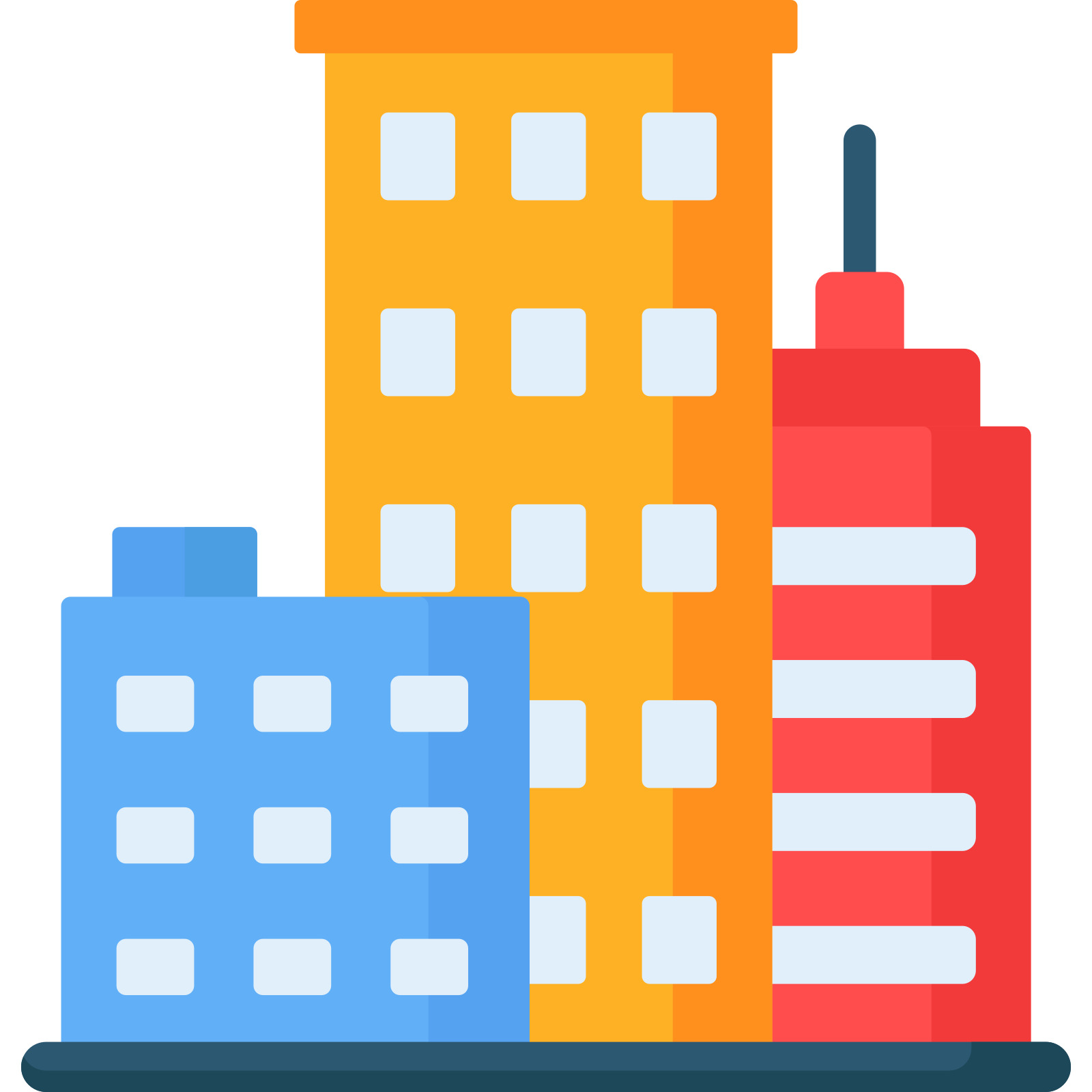 Illustration of modern multi-story buildings in blue, orange, and red, representing urban real estate or commercial development.